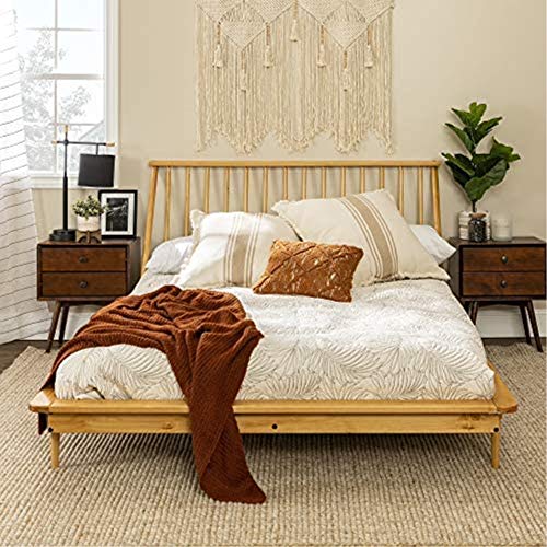 Walker Edison Mid Century Modern Solid Wood Spindle Platform Bed Headboard Footboard Bed Frame Bedroom, Queen, Light Oak #TOP1