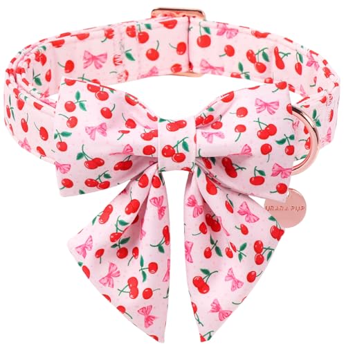 UP URARA PUP Spring and Summer Dog Collar with Bow Tie Cherry Bowtie Collar Adjustable for Girl Boy Dog Spring Pink Bow Collar for Dogs S
