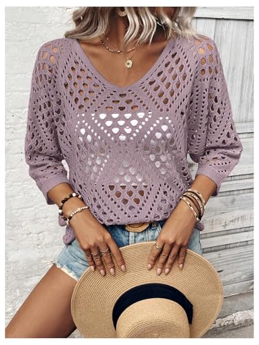 Image of Verdusa Women's Crochet Beach Summer Sweater 3 /4 Length Sleeve Boho Off The Shoulder Tops