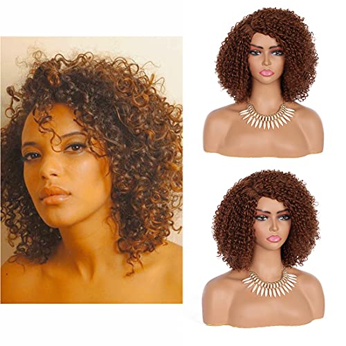 Kalyss Light Brown Curly Synthetic Hair Wig Afro Kinky Curly Wigs for Black Women Curved L Part Natural Looking Hair Wigs for Womens Daily Wear Hairpiece