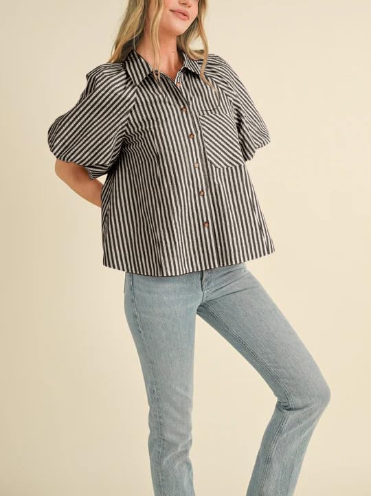 Women's Striped Button Down Shirt Puff Sleeve Collared V Neck Loose Casual Dressy Blouse Top2