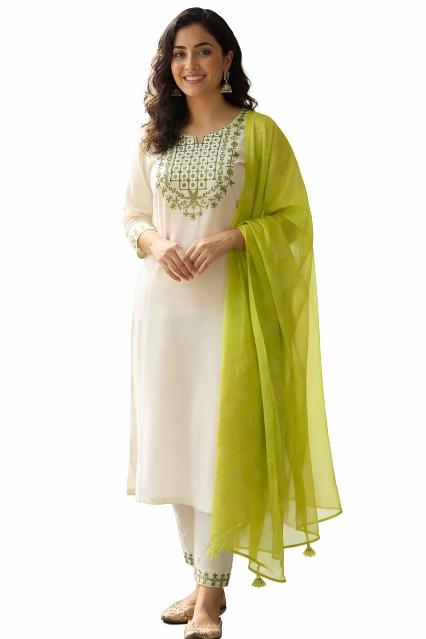 asha fashion studio Women's Embroidered Kurta Set with Dupatta, Off White and Green, Floral Embroidery, Ethnic Wear-picture-49