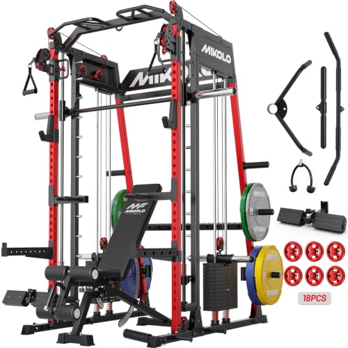 Mikolo M4 2.0 Elite Smith Machine with Weight Stack All-in-One Home Gym Power Cage with LAT Pulldown & Cable Crossover Squat Rack for Full Body Workouts (Red with 230LB Colored Weights Package)