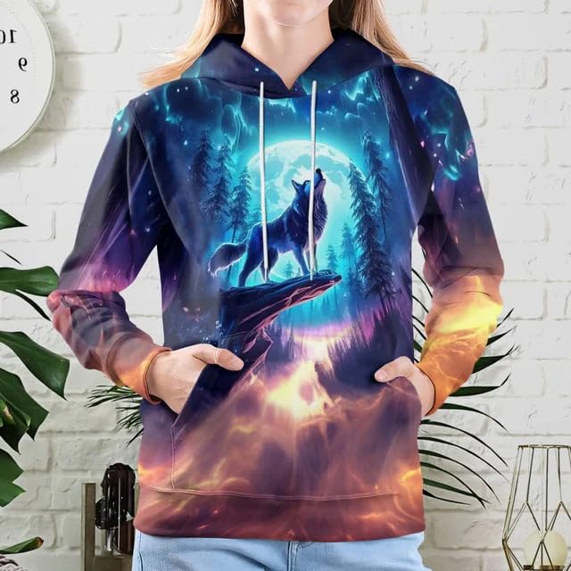 Wolf Hoodies For Men 3D Print Three Wolf Moon Adults Wolves Face Hooded Galaxy Sweatshirt Wolf2