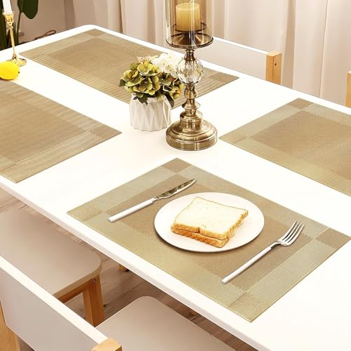 Image of Heat Resistant Table Placemats Set of 4 | Washable Dining Table Mats for Kitchen & Home Decor | Non-Slip, Waterproof, Easy to Clean PVC Woven Placemats for Dining Table (Golden Beige)