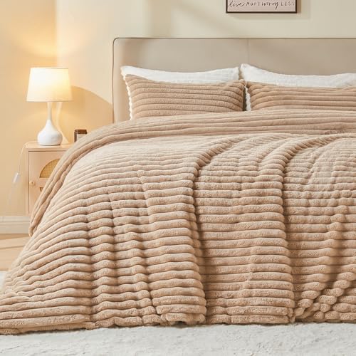 Image of EMME Faux Fur Duvet Cover Queen Size, 3 Pieces Ultra Soft Fluffy Comforter Cover, Cozy Warm for Winter, Luxury Elegant Shaggy Striped Design Bedding, 1 Duvet Cover & 2 Pillow Shams (Queen, Taupe)