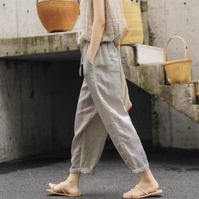 Women Linen Pants Summer Casual Solid Color Drawstring Elastic Waist Pants Lightweight Capris Beachwear L Light Grey2