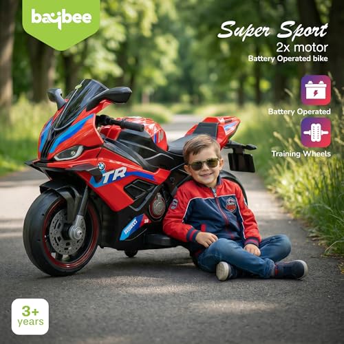 Image of Baybee BTR Baby Battery Operated Bike for Kids with Hand Accelerator USB Bluetooth, Rechargeable Rideon Toy Bike with RGB LED Light & Music, Baby Electric Bike for Kids 3+ Years Boys Girls (Red)