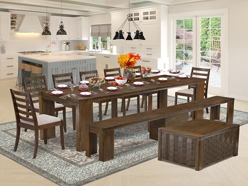 Image of X07X1-BC8-04 10-Pc Modern Dining Table Set includes 1 Rectangle Kitchen Table, 1 Coffee Table, 7 Stackable Polyester Chairs and 1 Bench, 39x120 Inch, Antique Walnut