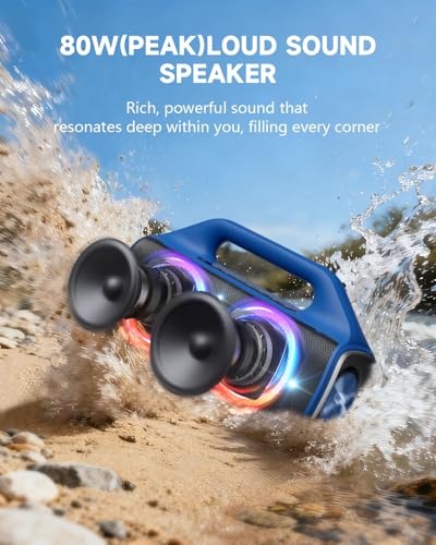Image of IP67 Waterproof Bluetooth Speaker:80W(Peak) Loud Outdoor Portable Wireless Party Speakers with LED Lights,20H Playtime,Bluetooth 5.3,Deep Bass & TWS for Pool,Beach(Blue)