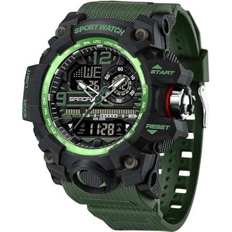 WISHFAN Men’s Military Watch, Dual-Display Waterproof Sports Digital Watch Big Wrist for Men with Alarm (Green) Cover