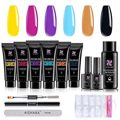 Aishaba Poly Extension Gel Nail Kit 6 Colors Poly Nail Gel with Slip Solution Base and Top Coat Set All-in-One Nail Builder Extension Gel UV/LED Nail Manicure Gel Beginner Profession Nail Salon