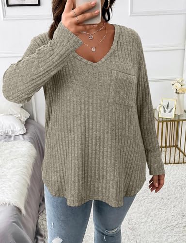 Image of Koscacy Women Plus Size Casual Knit Sweater with Pocket V Neck Solid Color Tops Lightweight Long Sleeve Blouses