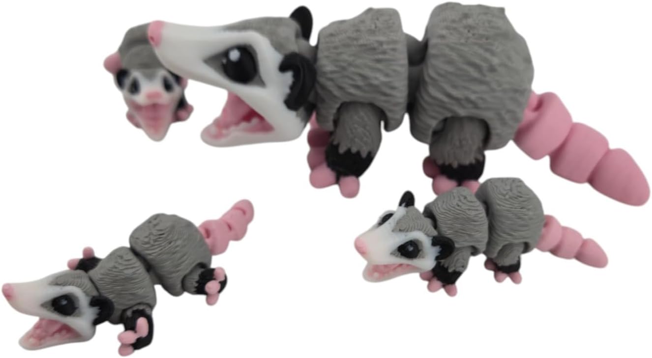 The Geek Galleria Opossum Family Set – 3D Printed Articulated Figurines (1 Adult & 3 Babies) – Flexible Desk Decor