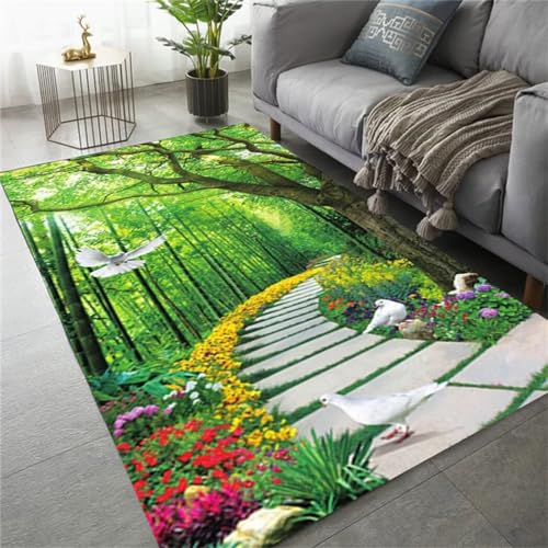 Tapis à poils courts imprimé vert lavable et facile à entretenir - 2