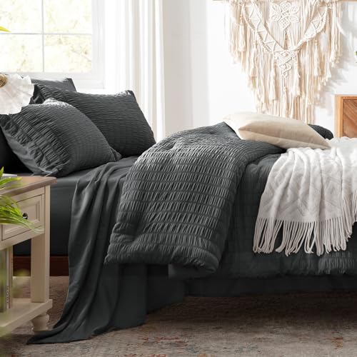 Image of Zzlpp Queen Comforter Set 7 pieces, Dark Grey Seersucker Bed in a Bag with Comforter and Sheets, All Season Bedding Sets with 1 Comforter, 2 Pillow Shams, 2 Pillowcases, 1 Flat Sheet, 1 Fitted Sheet