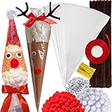 651 Pcs Christmas Cellophane Treat Bags,DIY Reindeer and Santa Claus Cone Shaped Treat Bags with Ties,Black Wiggle Googly Eyes,Brown Pipe Cleaners,Red White Pom Poms and Red Ribbon for Christmas Party Favor -  yaxwhty