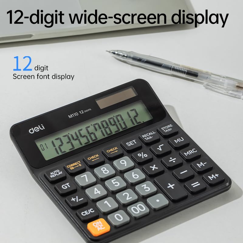 Deli EM110-12 Calculator with 12-digit wide screen display showing numbers.
