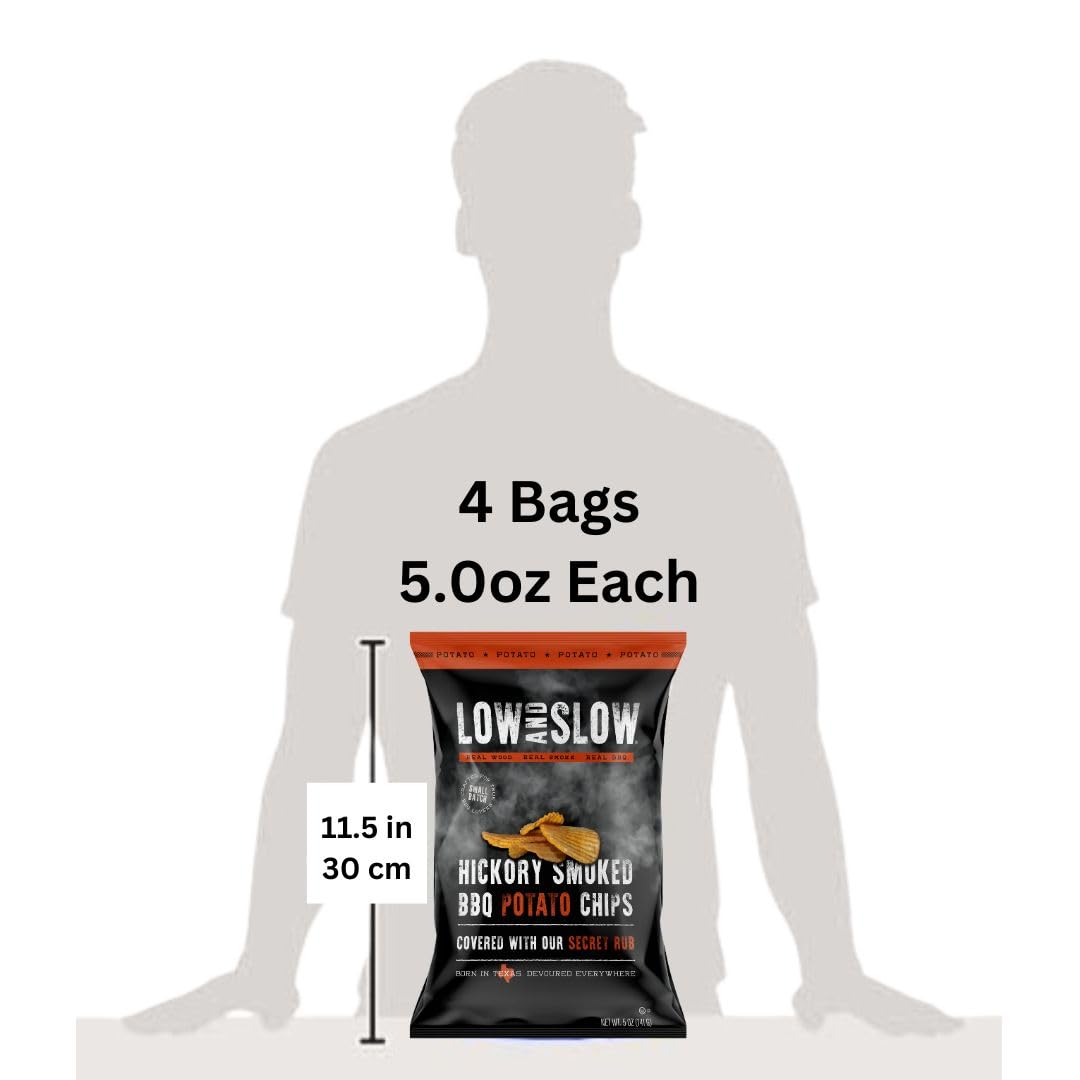 Low and Slow Hickory Smoked BBQ Rub Potato Chips, Real Wood Smoked ridged Potato Chips with Sweet & Savory Texas BBQ Rub, Craft Smoked Crispy Potato Chips, 4 Pack, 20 oz Total