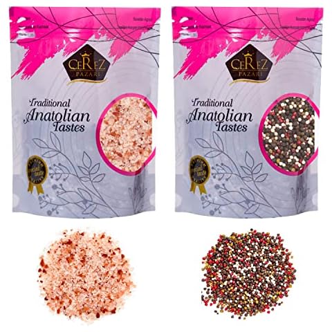 Cerez Pazari Rainbow Peppercorn Blend 12 oz and Himalayan Pink Salt (Coarse Grain) 2 lbs, Whole Black, Pink, Green, White Color Pepper For Grinders Refills Cover