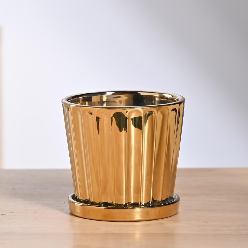 UGAOO Fluted Ceramic Pot - Gold -1 UGAOO Fluted Ceramic Pot - Gold -1