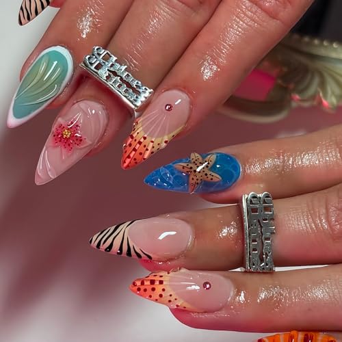 Image of French Tip Press on Nails with Starfish Flower Design Fake Nails Zebra Pattern Stick on Nail Glossy Full Cover Medium Almond False Nail for Women Manicure 24Pcs