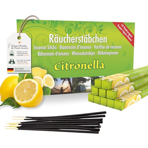 LUXflair Citronella Räucherstäbchen 80 Stück, ca. 60 Std. Glimmdauer, traditionell in Indien hergestellt, freiwillig in Deutschland geprüft, für Garten, Terrasse und Balkon
