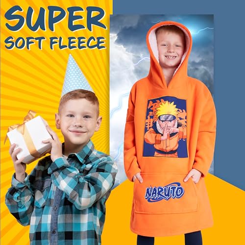 Naruto Fleece Hoodie Blanket for Boys and Teenagers - One Size Kids Oversized Hoodie with Sherpa Lining Gifts for Boys Orange2