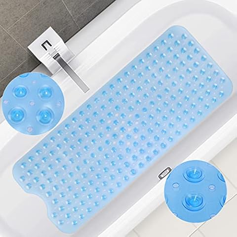 Bathtub Mats Non Slip Mildew Resistant, Extra Long Bath Tub Mat Nonslip Matts with Suction Cup for Bathroom, Bath Mat Kids, Machine Washable, 100 x 40cm, Blue Cover