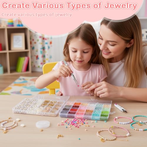 Image of SANNIDHI DIY Jewelry Making Bead Kit, 24-Color Glass Seeds Beads Set with Letter Beads, Pearl & Shell Beads, Gold Charms, Findings, String & Tools for Bracelets, Necklaces, Earrings and Anklets