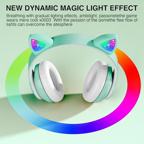 Image of Bluetooth Headphones for Kids, Cute Ear Cat Ear LED Light Up Foldable Headphones Stereo Over Ear with Microphone /TF Card Wireless Headphone for iPhone /iPad /Smartphone /Laptop /PC /TV (Green) | Wireless Bluetooth 5.0, foldable design, built-in mic & TF card slot, adjustable comfort, ideal for kids' learning & play.