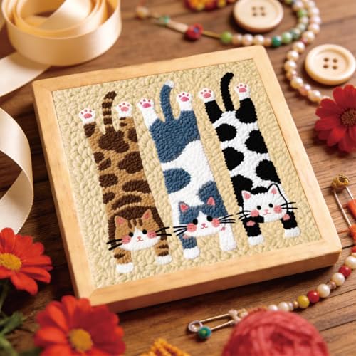 Image of BEUNITONE Lie Flat Cat Punch Needle Kit for Adults Beginners, Complete DIY Craft Needlepoint Kits with Hoop, Punch Needle Starter Craft Embroidery Set for Festival Gift and Cloth Home Decor 9.4X9.4 inch