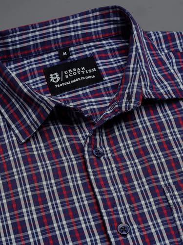 Image of Urban Scottish Men's Regular Fit Cotton Checked Shirt, Long Sleeve Button Down Collared Soft Breathable Fabric, Classic Everyday Wear Casual Shirt for Mens - Navy