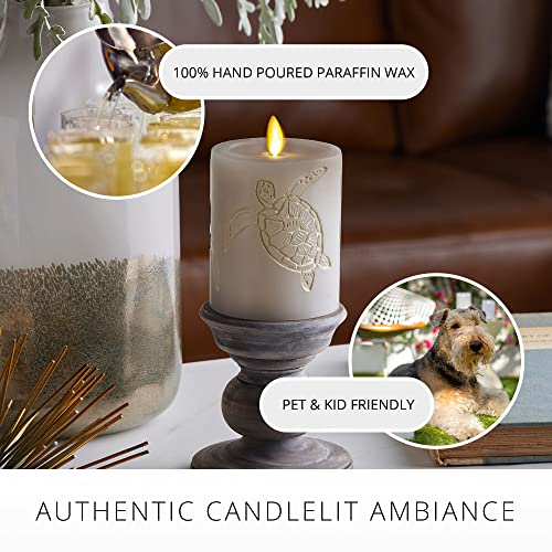 Image of Luminara Grey Flameless LED Candle with Debossed Sea Turtle Moving Flame Pillar (3 inch x 4.5 inch), Unscented Real Wax with Recessed Edge, Battery Operated Candle Lights
