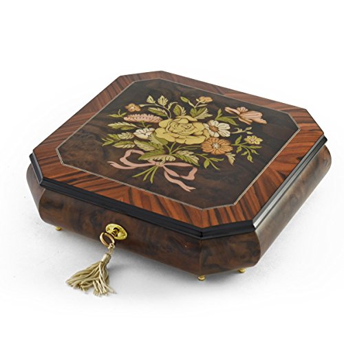 Charming Handcrafted Octagonal Italian Music Box with Floral Bouquet Inlay - Many Songs to Choose - Around The World in 80 Days (V.Young)