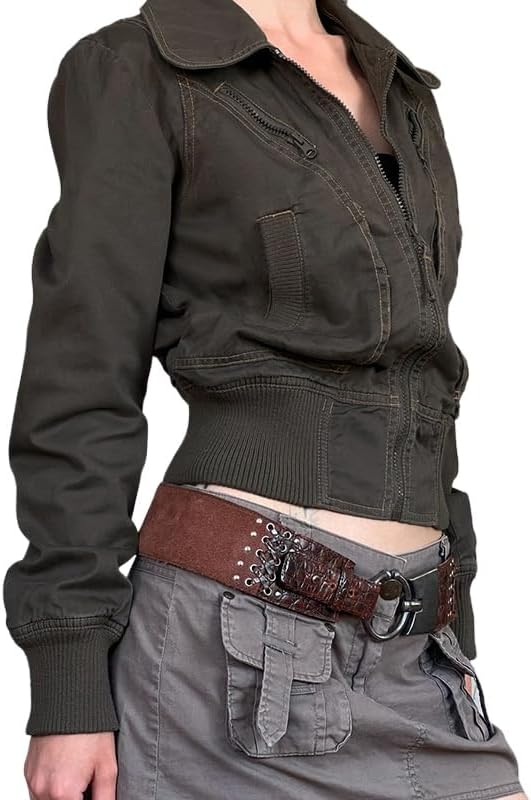 Women's casual crop top jacket zipper retro lightweight lapel jacket zipper waist cinching short jacket