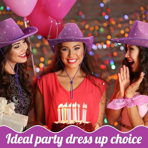 Image of Coume 12 Pcs Sparkly Adults Cowboy Hat and Bandanas Women Men Western Glitter Cowgirl Party Hats with Adjustable Drawstring