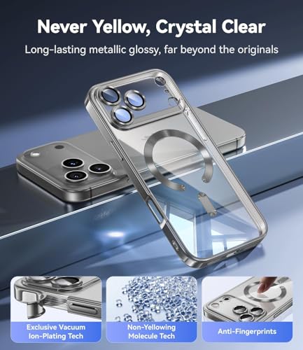 Image of VONZEE Electroplating Transparent Clear Logo Back Cover TPU Compatible with iPhone 17 Pro Case, Compatible with Magsafe, Full Body & Individual Camera Protection for Each Lens for Men & Women (Grey)