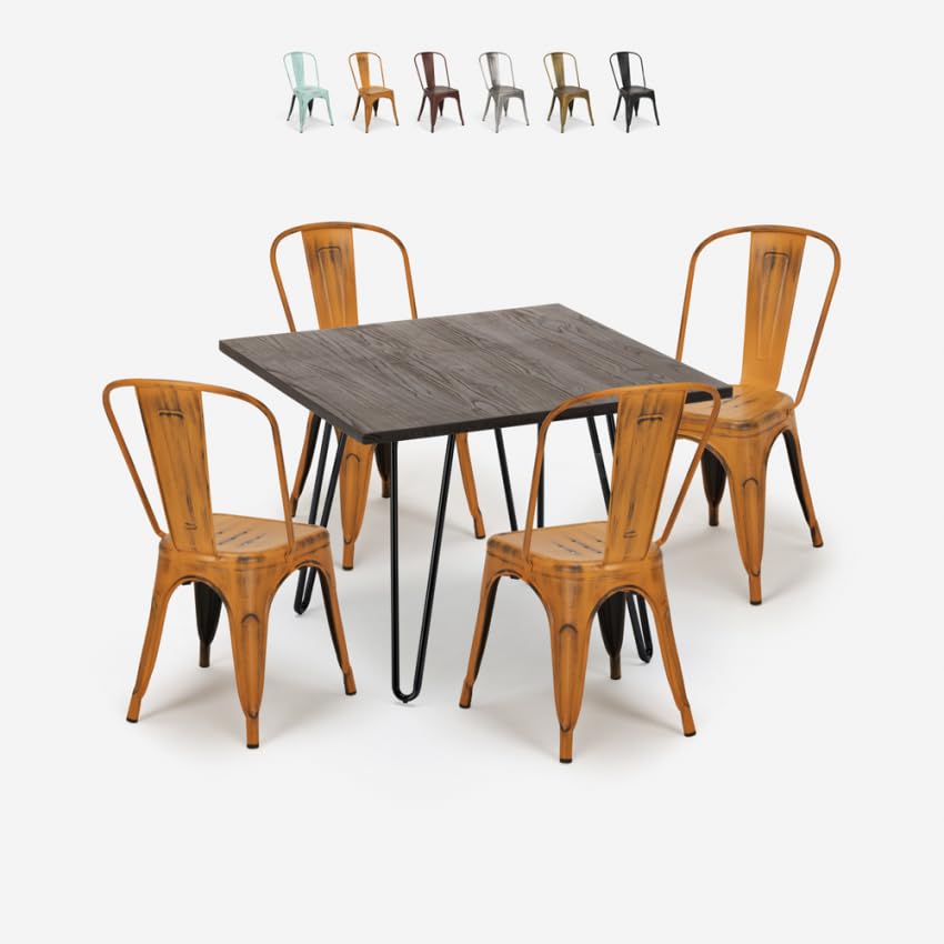 Produce Shop Juego Mesa Cuadrada 80 x 80 cm Madera Metal 4 sillas Vintage Hedges Dark - Naranja