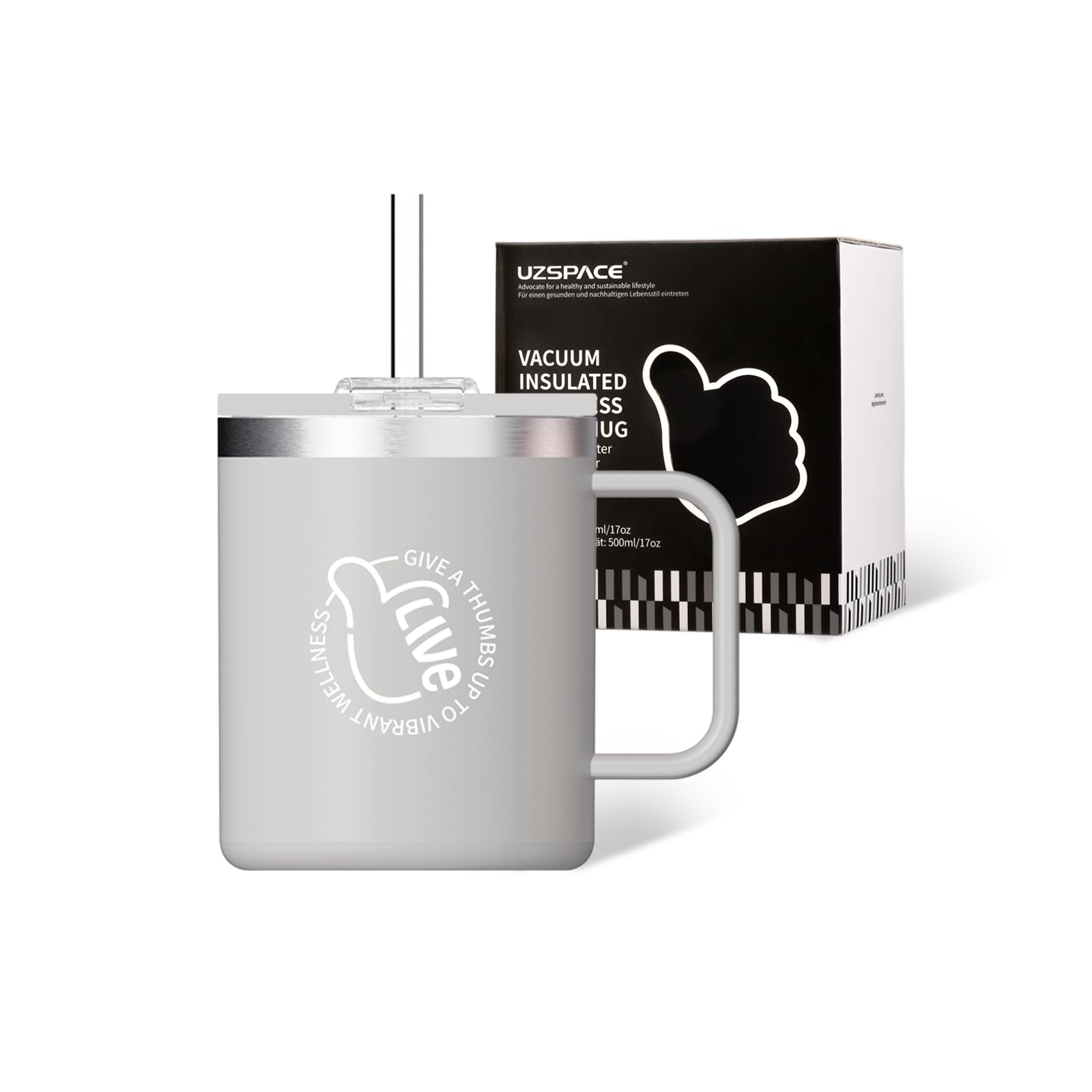 UZSPACE Travel Mug with Handle - Insulated Coffee Cup 500ml - Thermal Mug for Hot or Cold Drinks - Reusable Coffee Cups with Straw, Flint Grey