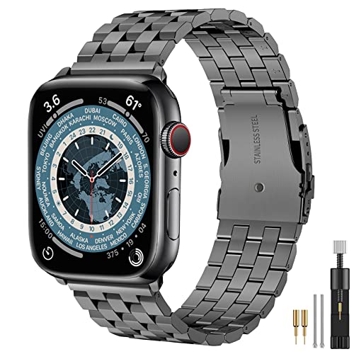 Hallsen Compatible with Apple Watch Band 45mm 44mm 42mm 41mm 40mm 38mm, Upgraded Version Solid Stainless Steel Metal Strap for iWatch Bands for Apple Watch 7/6/5/4/3/2/1/SE Men Women（Gray,45/44/42mm)