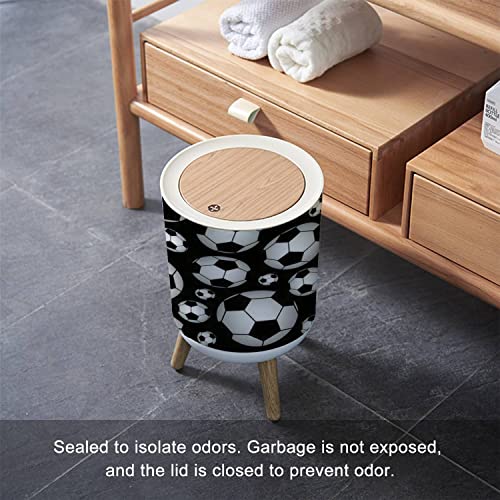 Image of Trash Can with Lid Cute Seamless with Soccer Balls Press Cover Small Garbage Bin Round with Wooden Legs Waste Basket for Bathroom Kitchen Bedroom 7L /1.8 Gallon