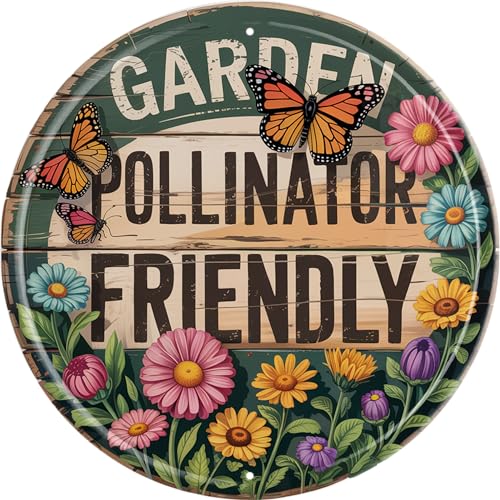 AWISZZZ Garden Pollinator Friendly Metal Sign 8x8in Round Botanical Plaque for Yard Wall Decor Eco Gift