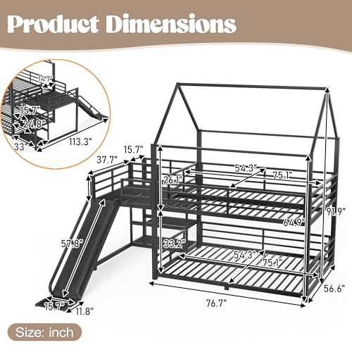 Image of Bellemave Metal Bunk beds Full Over Full with Slide and Storage Stairs, House Floor bunk Bed with guardrail for Kids,Black