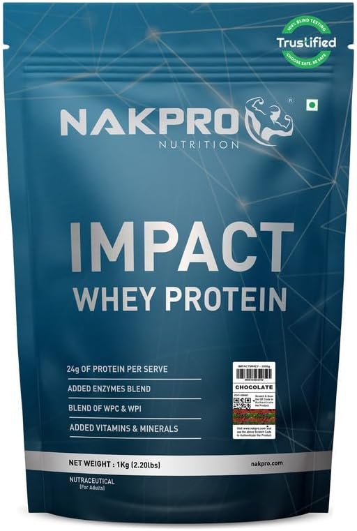 Impact Whey Protein 1kg | Isolate & Concentrate | 24g Protein & 4.9g BCAA | With Digestive Enzymes for better Absorption | NABL Lab Tested 100% Authentic Supplement Powder - Chocolate Flavour