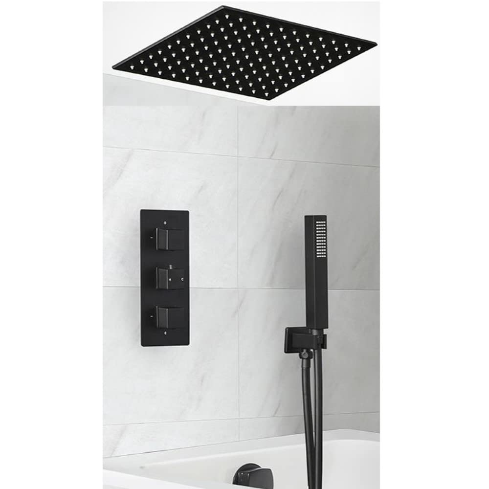 Milano Black Preto Thermostatic Mixer Valve 400Mm Shower Head Handset Overflow Bath Filler Tap