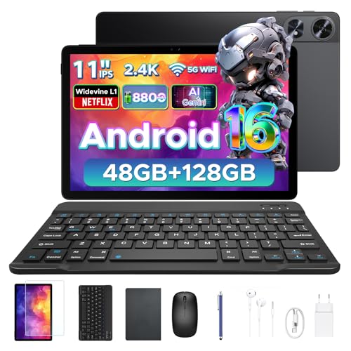 POPUX P11 Pro Tablette Android 16, Tablette 11 Pouces avec Gemini AI, 48Go RAM+128Go ROM, Tablette Tactile 2.4K 90Hz, T7250, 13MP+5MP, 8800mAh, 5G WiFi, Tablette avec Clavier, Stylet, Souris-Noir