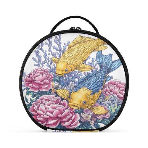 Takiito Yellow Blue Carp Peonies Travel Makeup Case Portable Makeup Box Artist Cosmetic Case Organizer With Adjustable Dividers