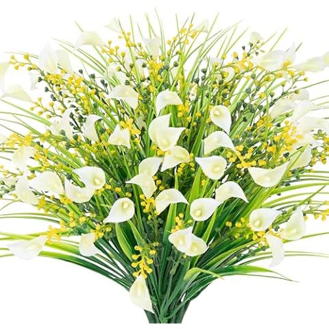 HOHOTIME 8Pcs Fake Flowers Outdoor, UV Resistant Artificial Plants & Flowers, Plastic Calla Lily Faux Flowers for Home Decor Indoor Cemetery Vase Pots Hanging Planters Decoration(White) Cover