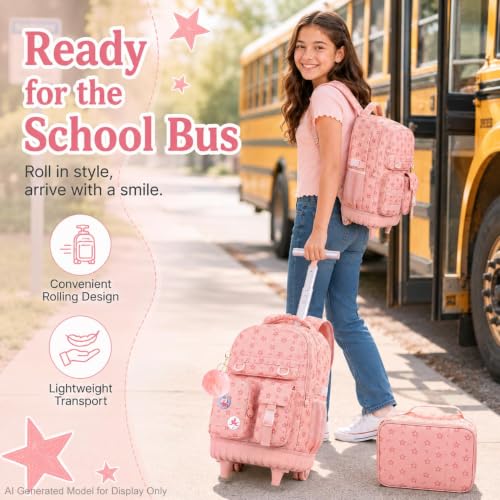 Image of CCJPX Rolling Backpack for Girls, 3Pcs Roller Wheeled School Bookbag, Star Wheels Backpacks with Lunch Box for Kids (Pink)